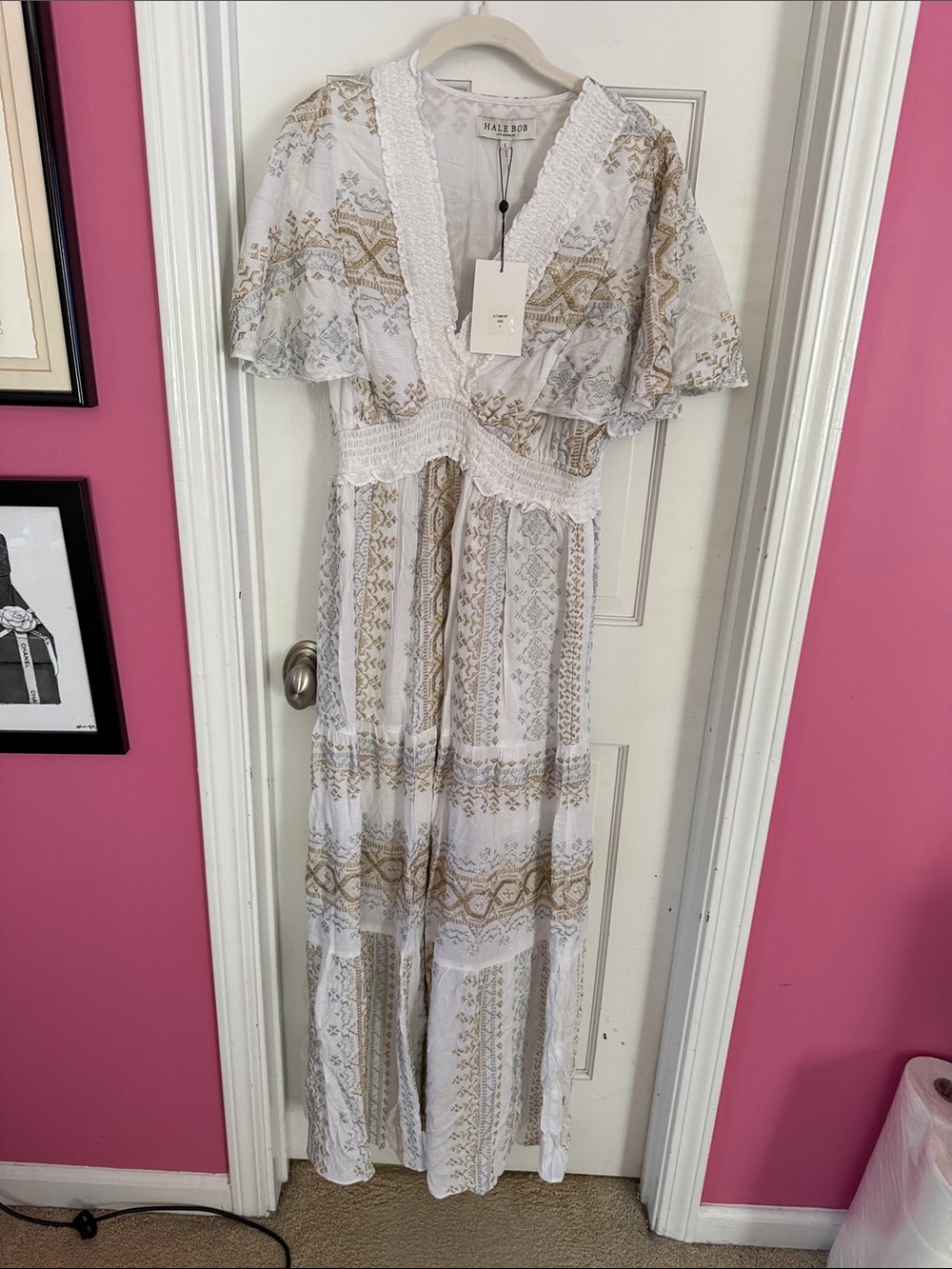 Hale Bob White Maxi Dress with Gold Pattern and Lace Trim